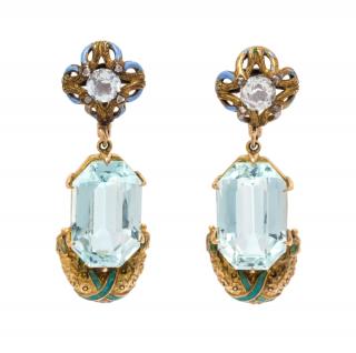 Appraisal: A Pair of Yellow Gold Aquamarine Diamond and Polychrome Enamel