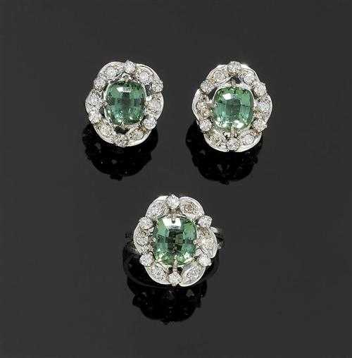 Appraisal: TOURMALINE AND DIAMOND RING WITH MATCHING STUD EARRINGS ca White