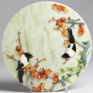 Appraisal: Vintage Chinese Hardstone Circular Bird Plaque Depicting two magpies in