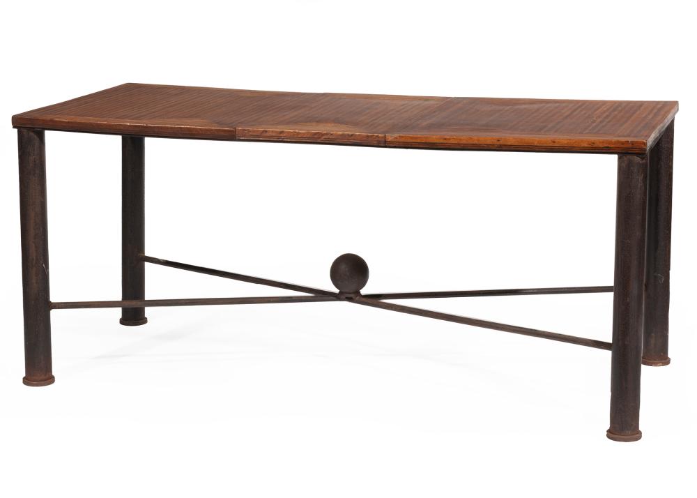 Appraisal: Contemporary Oak Parquetry and Iron Table th c h in