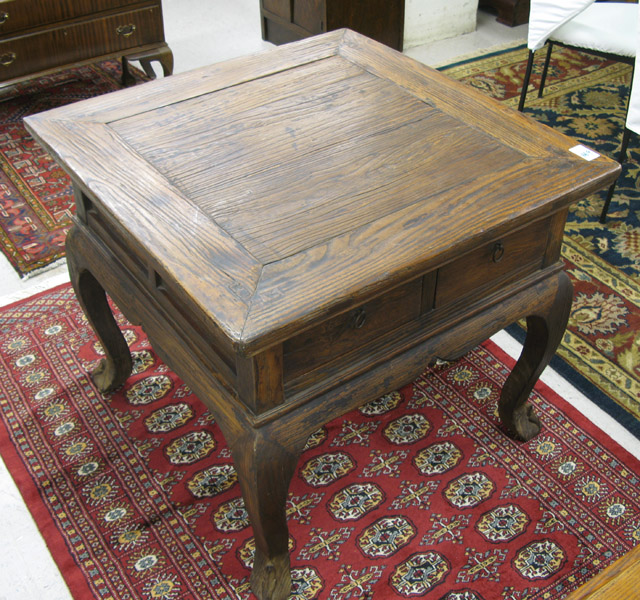 Appraisal: SQUARE ELMWOOD LAMP TABLE Provincial design having two small frieze