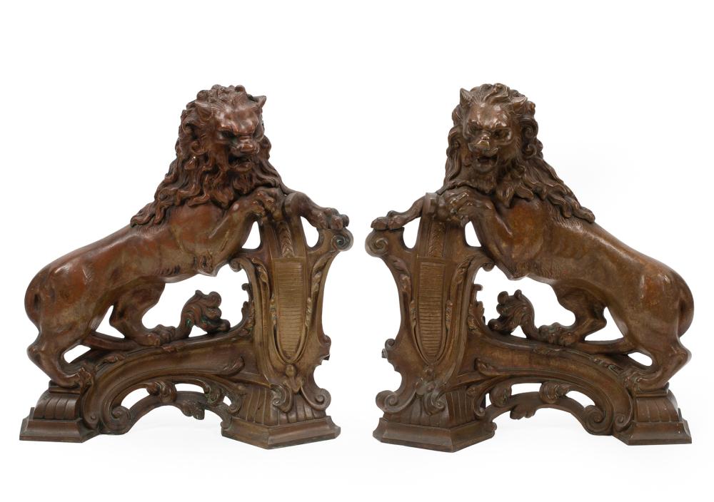 Appraisal: Pair of Antique English Patinated Bronze Lion Chenets th c