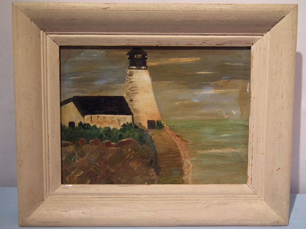 Appraisal: TOMLINSON LIGHTHOUSE PAINTING Oil on board titled THE LIGHTHOUSE and