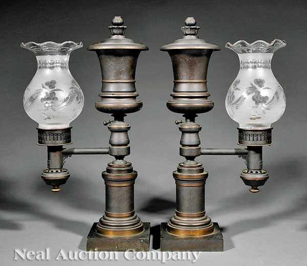 Appraisal: A Pair of American Patinated Bronze Single-Arm Argand Lamps early