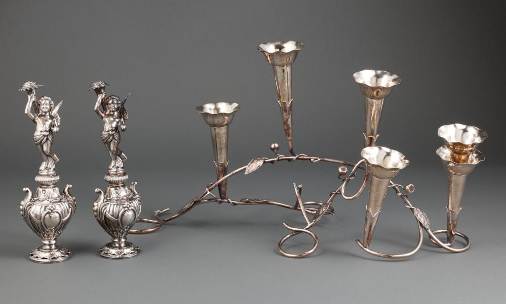 Appraisal: Silverplate Trumpet Vase Centerpiece together with pair of Continental silverplate