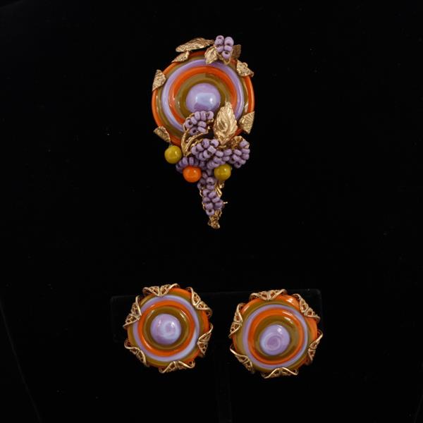 Appraisal: Miriam Haskell pc Brooch Clip Earrings with swirled purple green