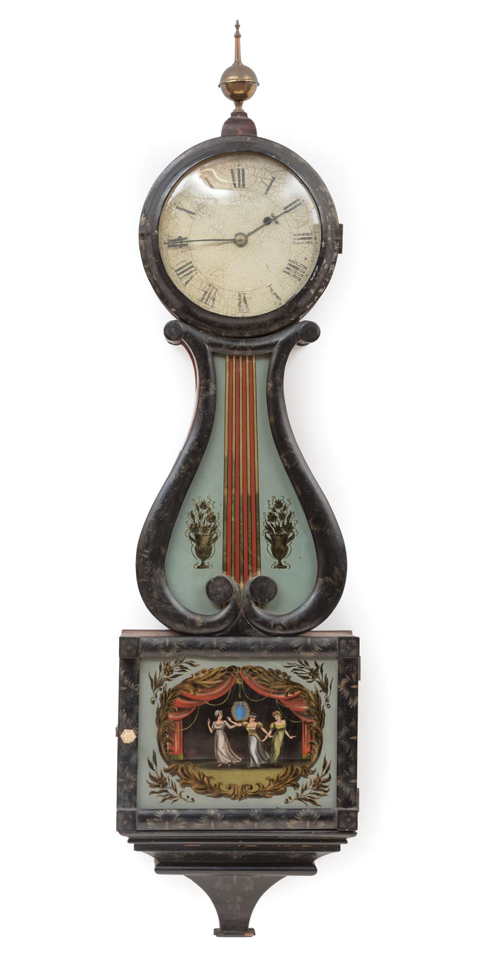 Appraisal: American Gilt Stenciled and Ebonized Lyre-Form Banjo Clock early th