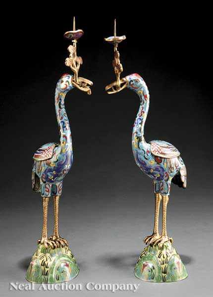 Appraisal: A Pair of Chinese Cloisonn Enamel Crane-Form Pricket Stands early