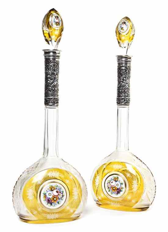 Appraisal: A Pair of Bohemian Silver Mounted and Enameled Glass Decanters