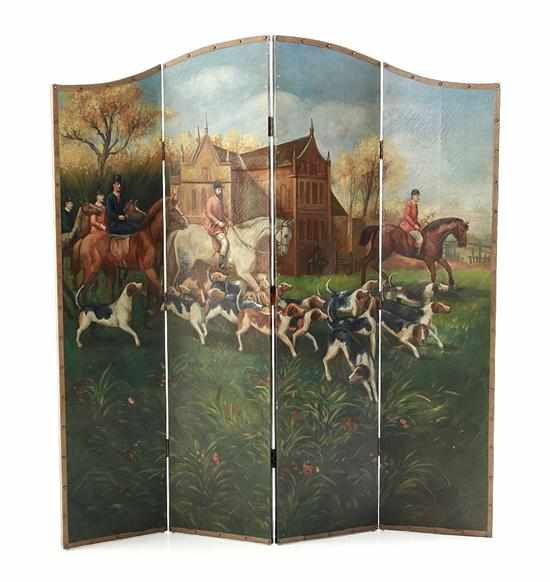 Appraisal: Painted four-panel floor screen hinged panels of English country hunt