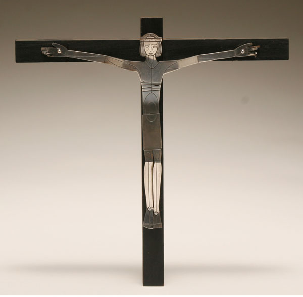 Appraisal: Mexican Modernist sterling crucifix by Talleres Monasticos Wooden crucifix with