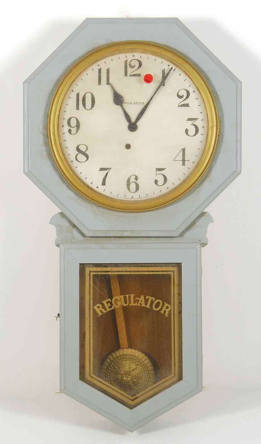 Appraisal: INGRAHAM OCTAGONAL REGULATOR CLOCKLate th CenturyIn gray-blue paint drop Overall