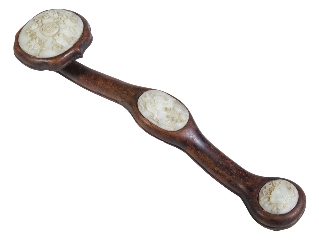 Appraisal: CHINESE WOOD JADE SCEPTRE Exotic Wood Ruyi Sceptre with three