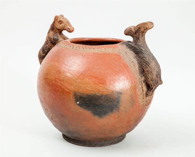 Appraisal: WEST AFRICAN RED POTTERY VESSEL With horse and goat-form handles