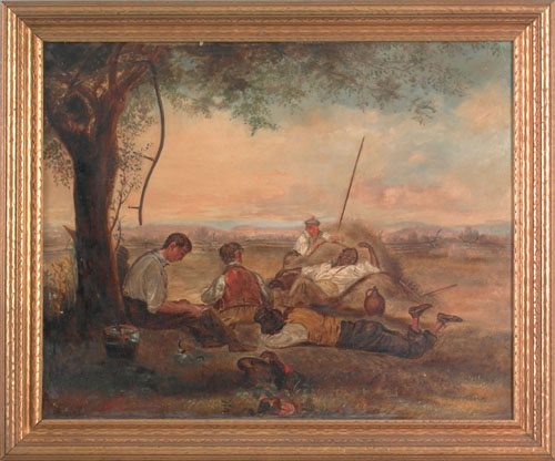 Appraisal: American School th c oil on canvas landscape with five