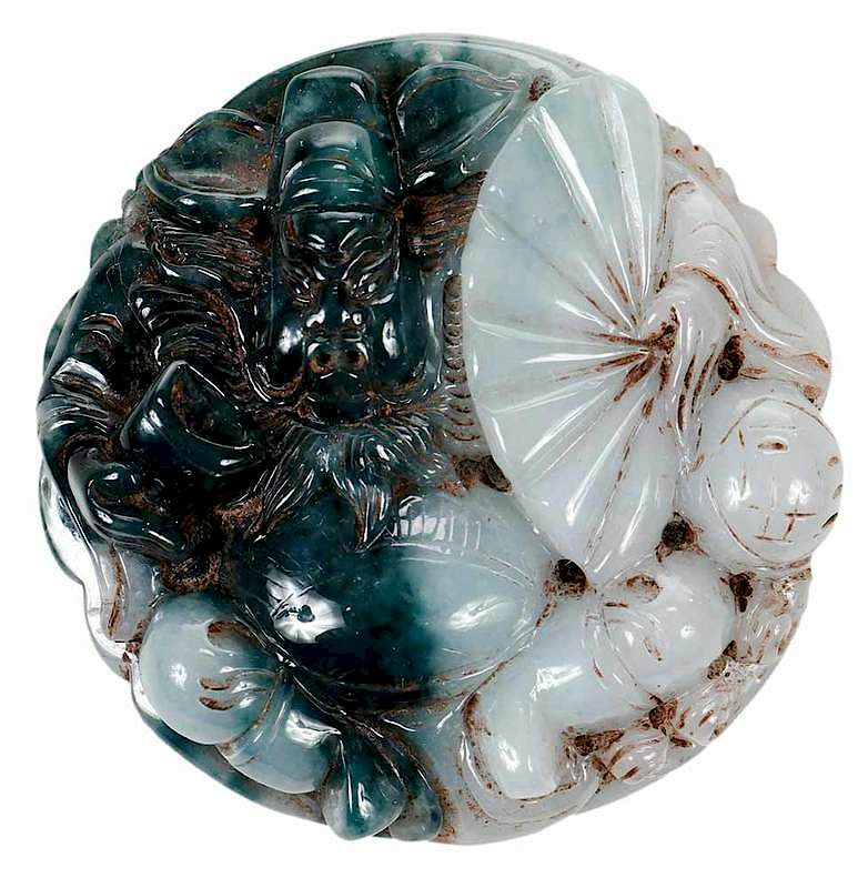 Appraisal: Jade Carving of Immortal with Fan th century circular white