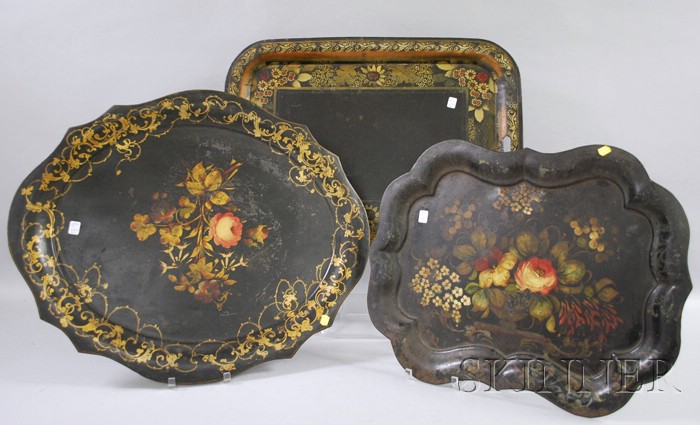 Appraisal: Three Painted and Stencil Decorated Tole Trays lg to in