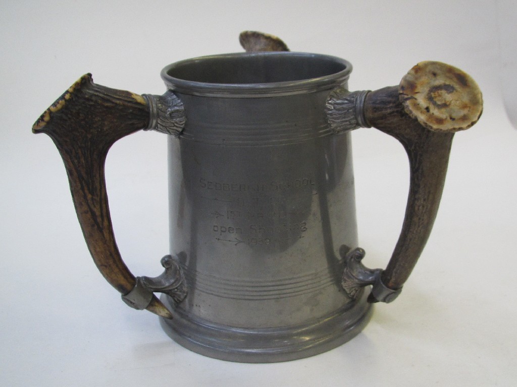 Appraisal: Pewter and horn handled shooting trophy cup 'Sedbergh School '