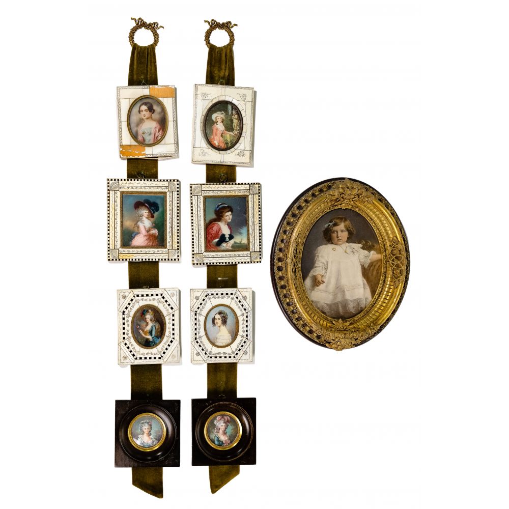 Appraisal: FRENCH PORTRAIT MINIATURE ASSORTMENT Victorian female portraits arranged into sets