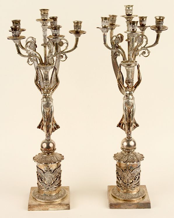 Appraisal: PAIR SILVERPLATE NEOCLASSICAL STYLE CANDELABRA A pair of silverplate Neoclassical