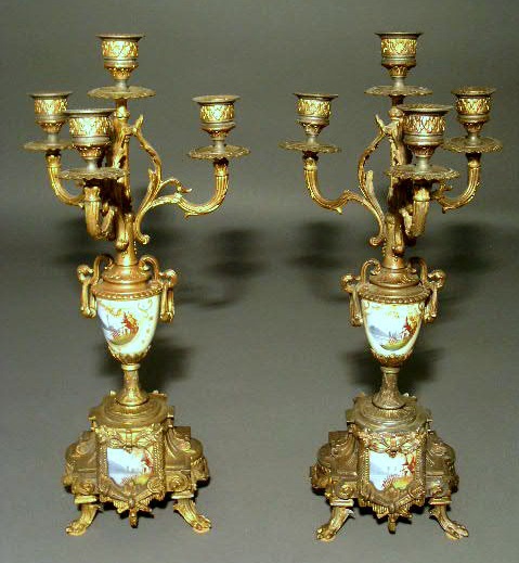 Appraisal: Pair of gilt metal candelabra late th c with painted