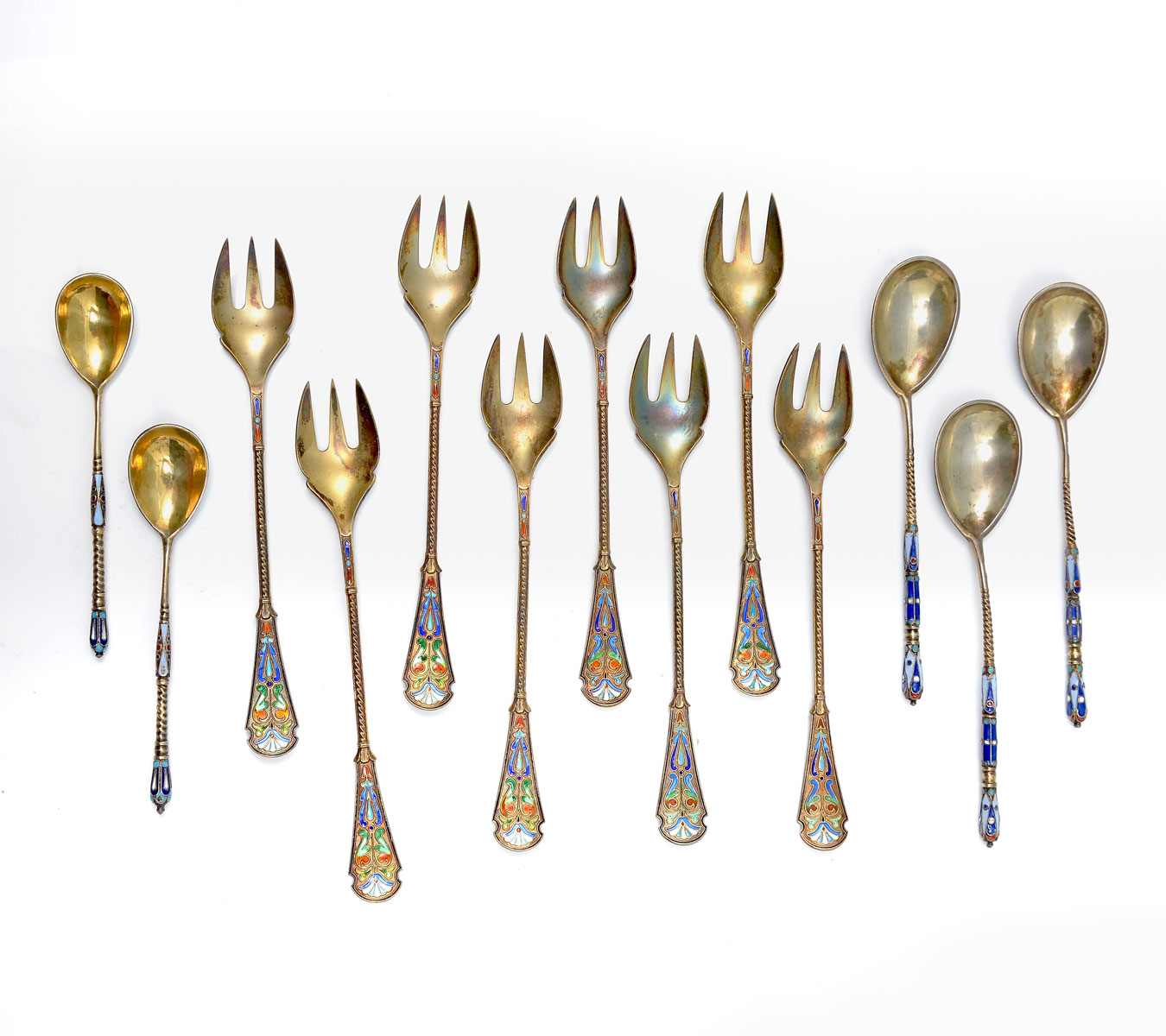 Appraisal: SILVER GILT CLOISONNE FORKS SPOONS Russian silver gilt '' and