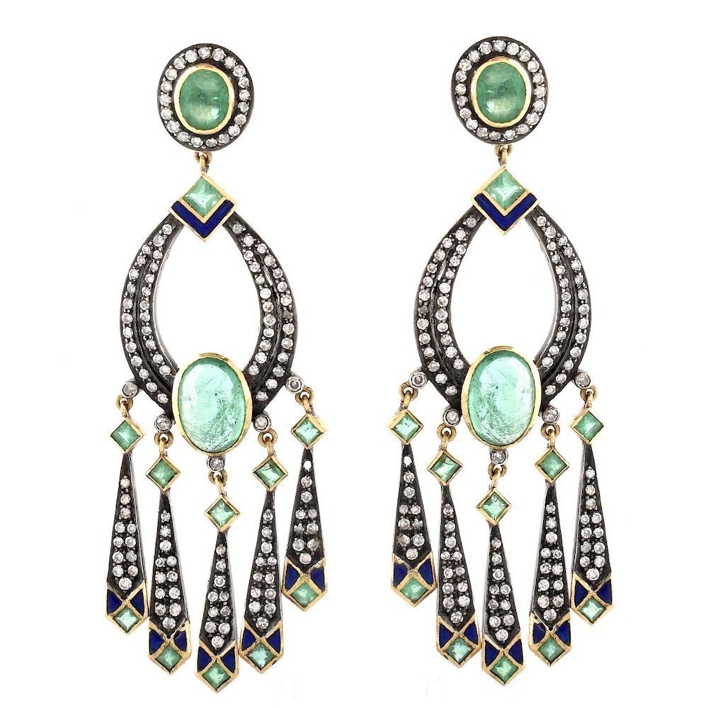 Appraisal: Emerald Diamond and K Earrings Antique Russian Oval Cabochon and