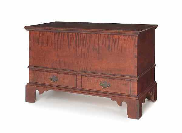 Appraisal: Eldred Wheeler Chippendale style curly maple blanket chest h w