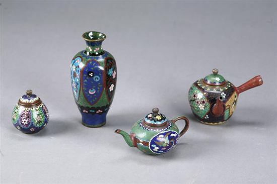 Appraisal: FOUR MINIATURE CLOISONNE ITEMS Asian th century enamel and brass