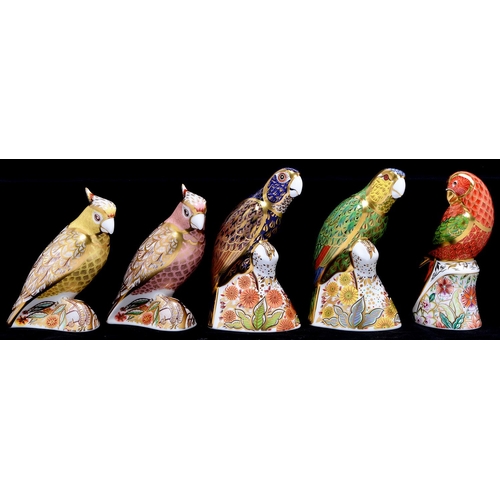 Appraisal: Five Royal Crown Derby paperweights - Amazon Green Parrot Lorikeet