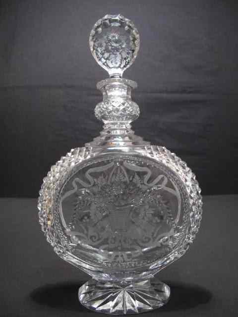 Appraisal: Cut crystal decanter with hand etched floral design Unmarked Face