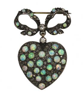 Appraisal: Opal diamond k yellow gold and silver locket brooch Opal