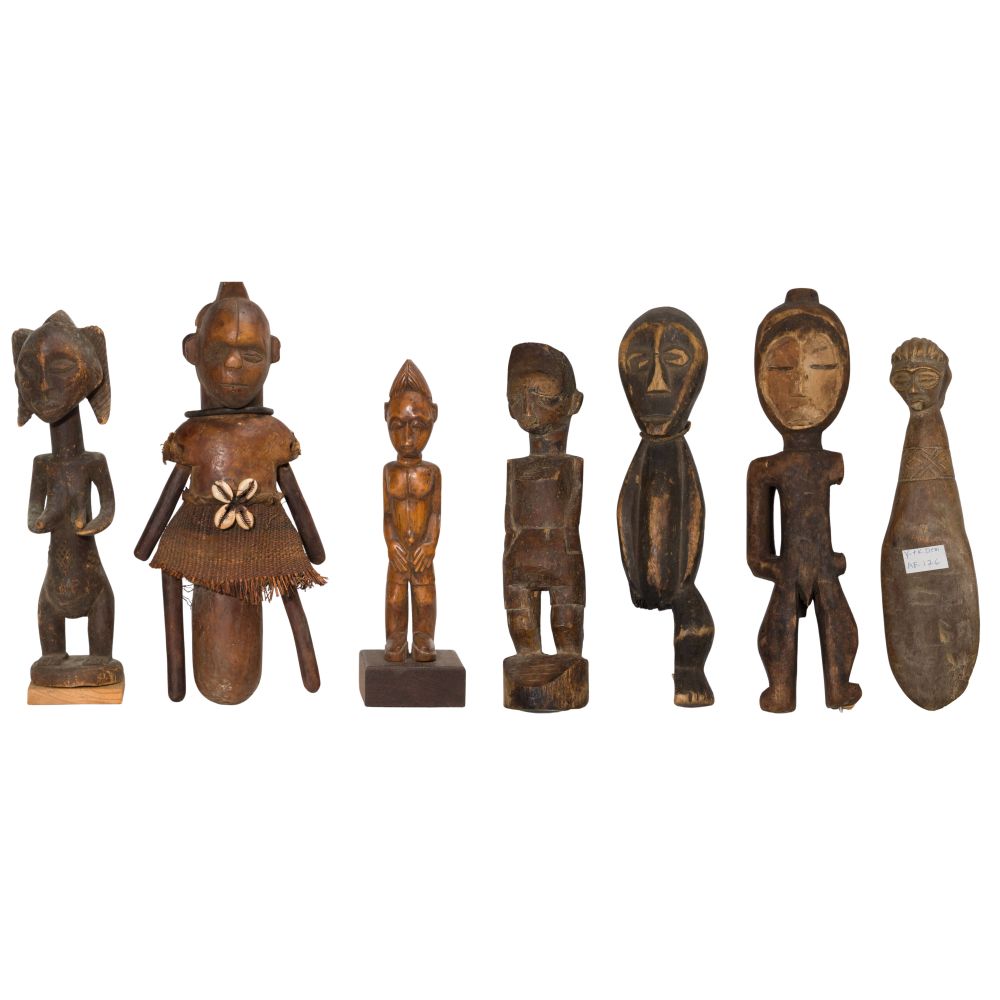 Appraisal: ETHNOGRAPHIC CARVED WOOD FIGURE ASSORTMENT items including Baule male spirit