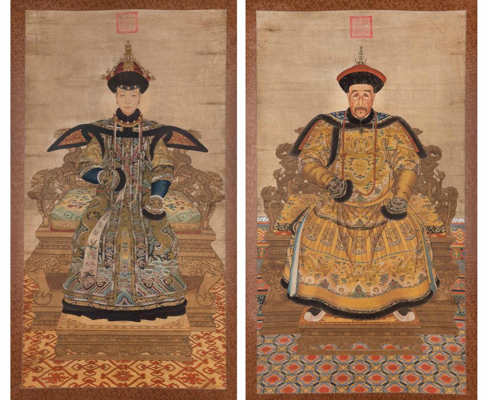 Appraisal: PAIR OF CHINESE ANCESTRAL SCROLL PAINTINGS LATE TH EARLY TH