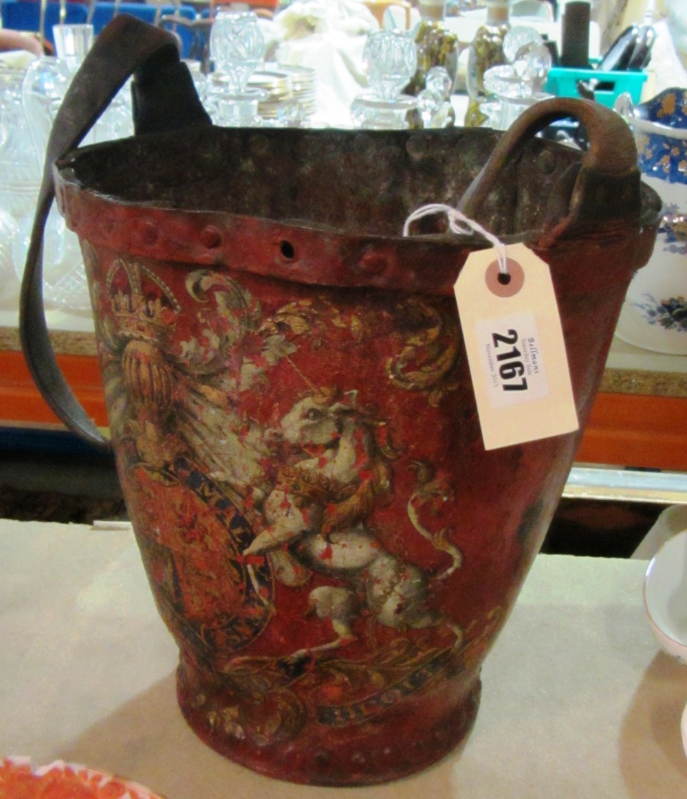 Appraisal: A th century red leather fire bucket with painted coat