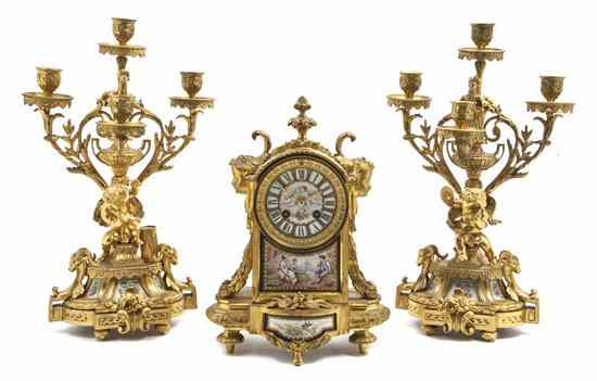 Appraisal: An Assembled French Gilt Bronze and Porcelain Mounted Clock Garniture