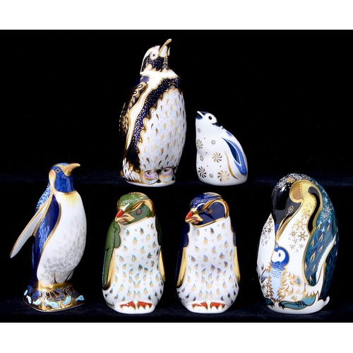 Appraisal: Six Royal Crown Derby Penguin paperweights Rockhopper penguin certificate another