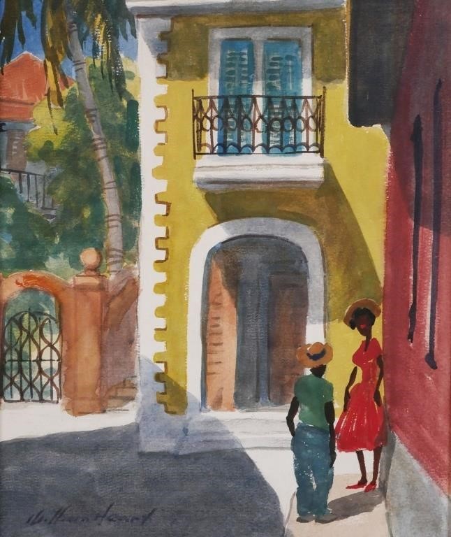 Appraisal: Watercolor on paper showing a Caribbean street scene by William