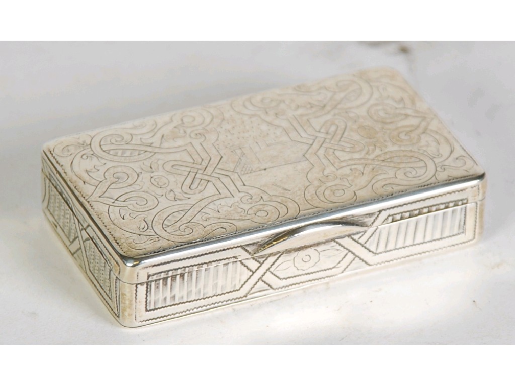 Appraisal: MID NINETEENTH CENTURY RUSSIAN SILVER ZOLOTNICKS PURITY RECTANGULAR SNUFF BOX