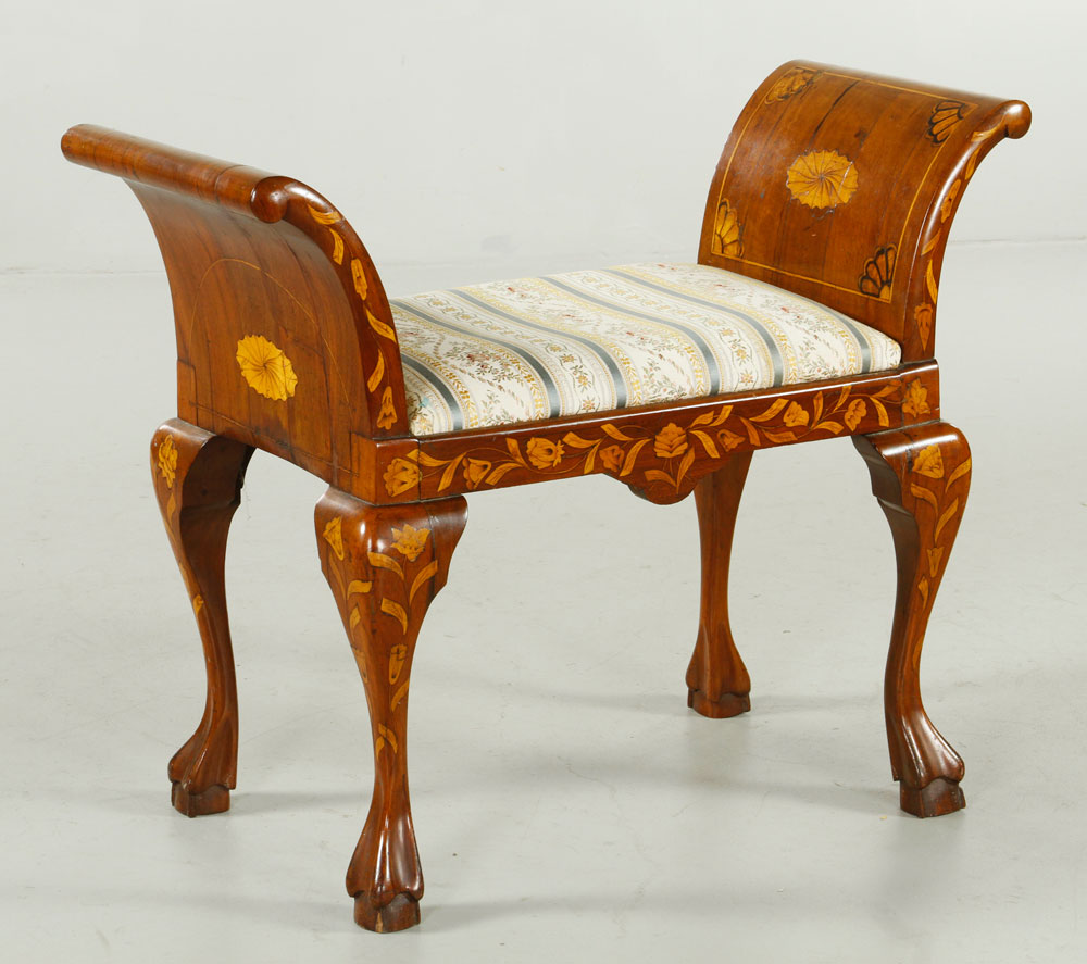 Appraisal: - Dutch Marquetry Bench Dutch marquetry bench with upholstered seat