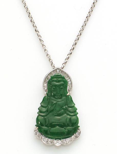 Appraisal: A carved jadeite jade diamond and k gold Buddha pendant