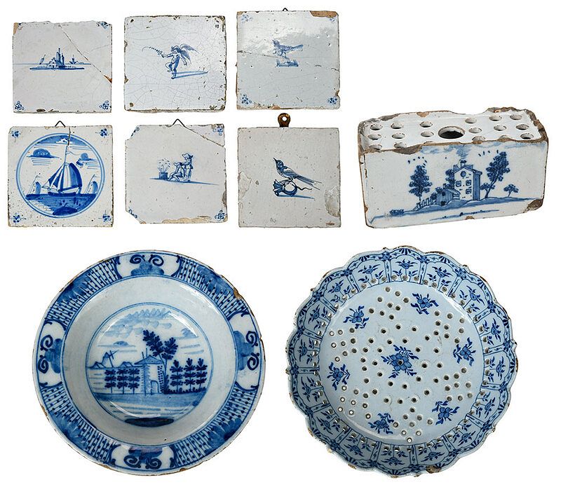 Appraisal: Blue and White Delftware Bowls Tiles Frog probably late th