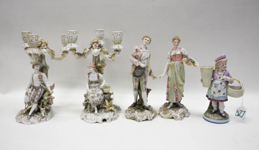 Appraisal: FIVE GERMAN FIGURAL PORCELAINS hand painted in the manner of