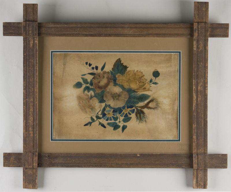 Appraisal: American Theorem th century painted on velvet floral design of