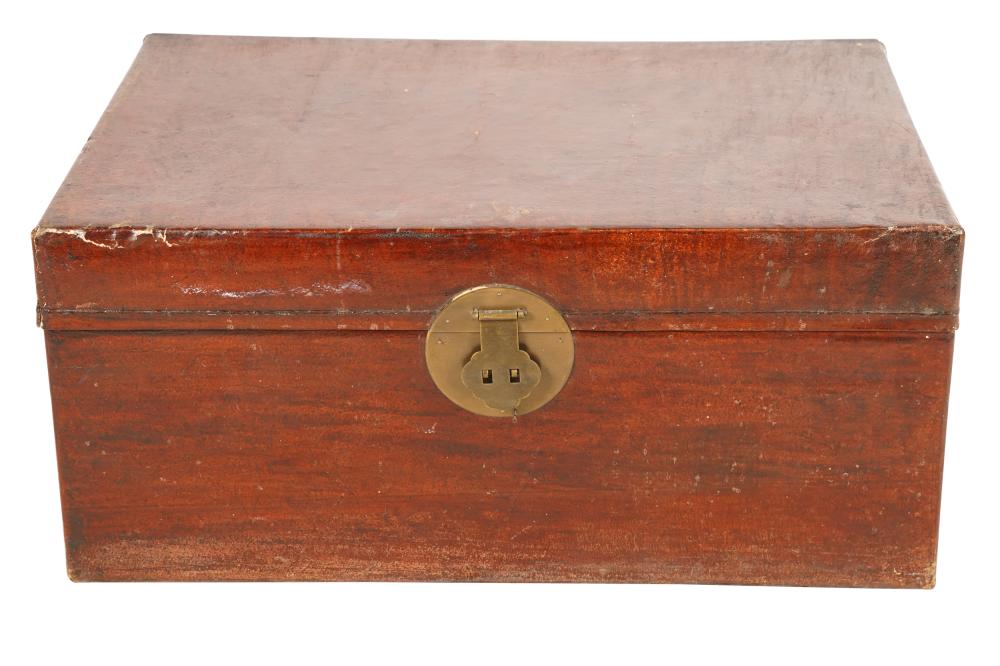 Appraisal: CHINESE PIGSKIN-COVERED TRUNKwith hinged lid opening to an undivided blue