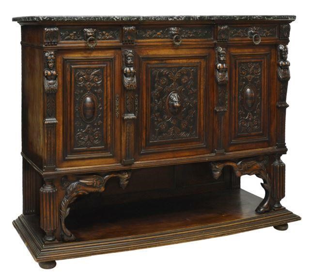 Appraisal: Italian Renaissance Revival carved walnut sideboard early th c marble