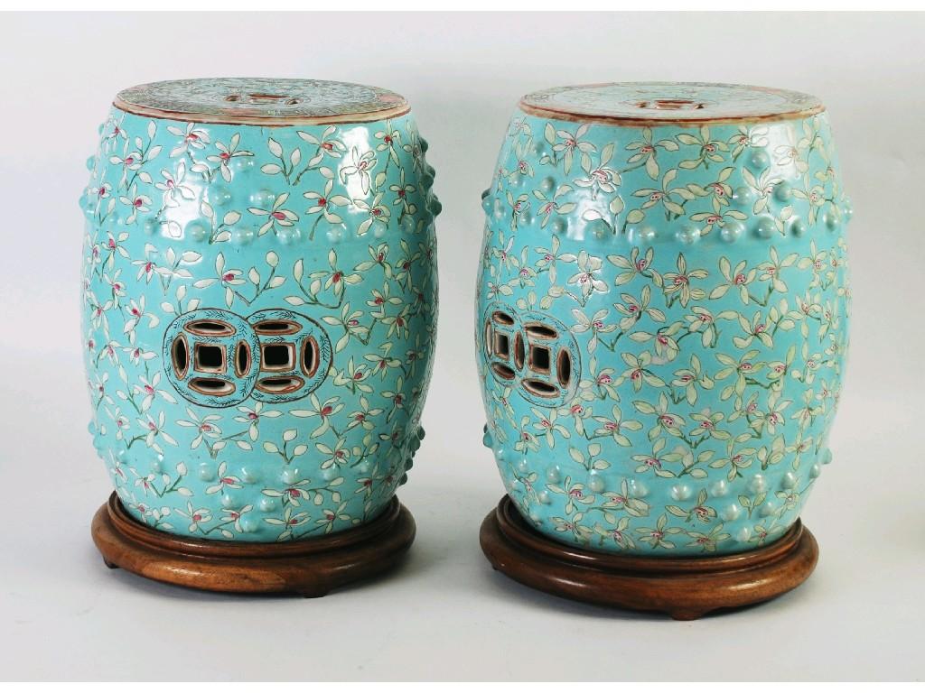 Appraisal: PAIR OF CHINESE ENAMELLED PORCELAIN BARREL SHAPED GARDEN SEATS decorated