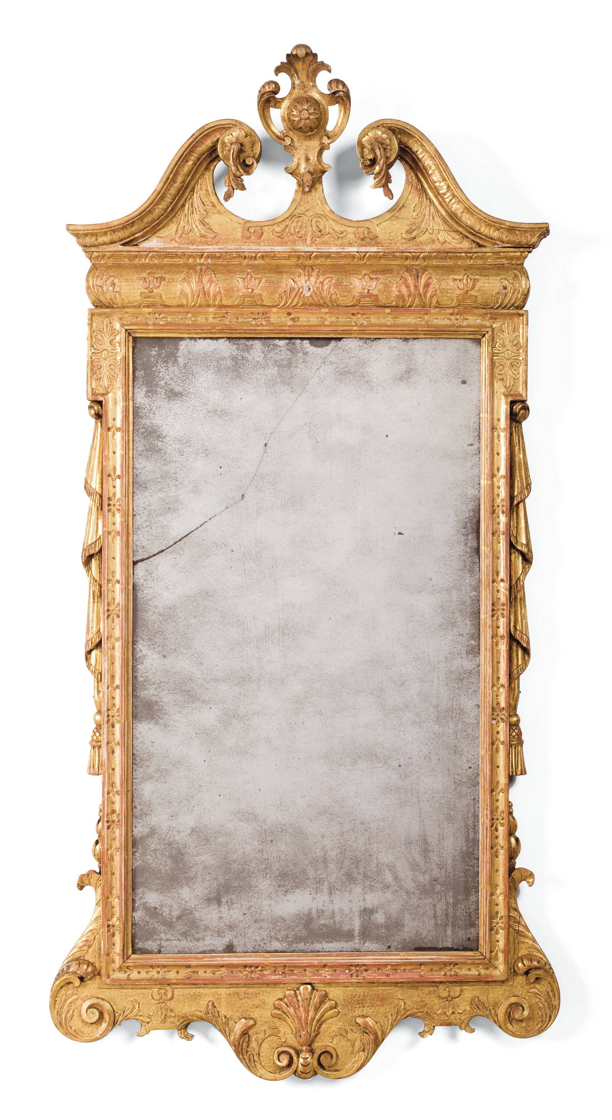 Appraisal: GEORGE II CARVED AND GILDED WALL MIRROR The swan-neck crest