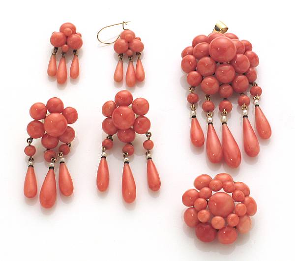 Appraisal: A set of antique coral and k gold jewelry comprising