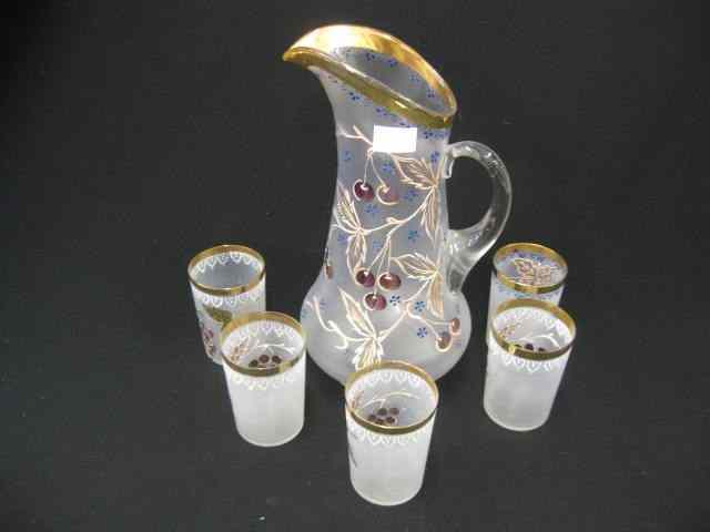 Appraisal: Victorian Art Glass Water Set enameled cherry decor '' pitcher